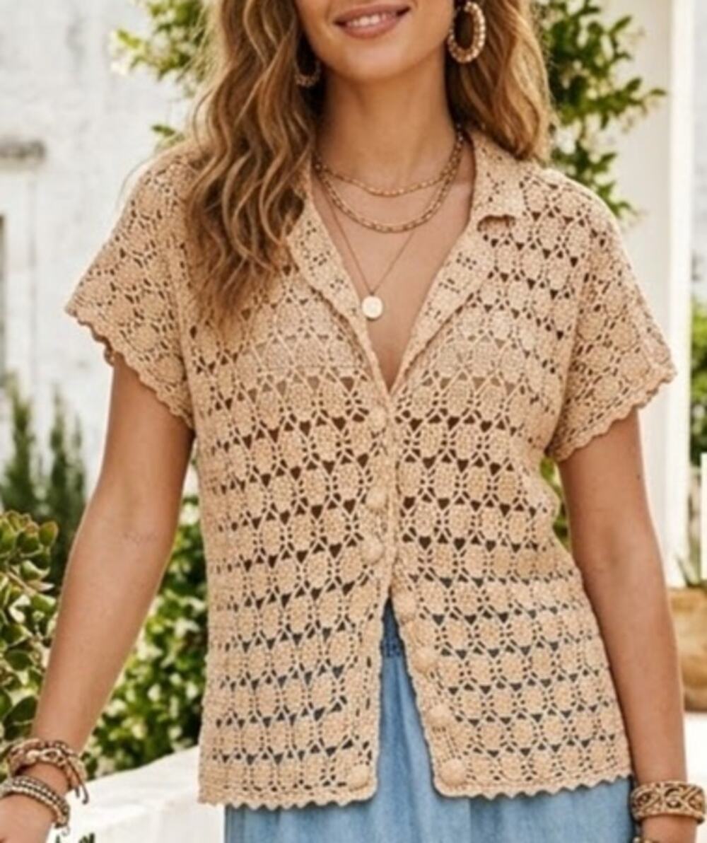 Adorable Boho Grandma Chic Cottagecore Crochet Button Up Blouse